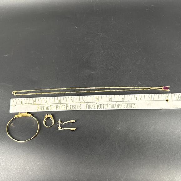 Vtg AVON 4 Pcs Set Purple Rhinestone Gold Tone Bracelet Necklace Earrings Ring - Picture 16 of 16